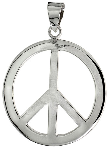 Sterling Silver Peace Sign Pendant, w/ 18" Thin Box Chain, 1 7/16" (36 mm) tall 