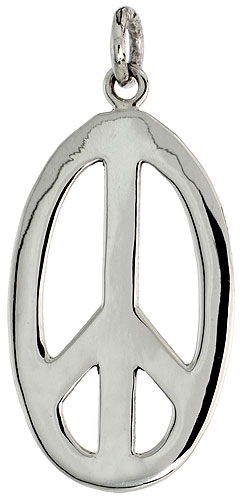 Sterling Silver Oval Peace Sign Pendant, w/ 18" Thin Box Chain, 1 1/8" (29 mm) tall 