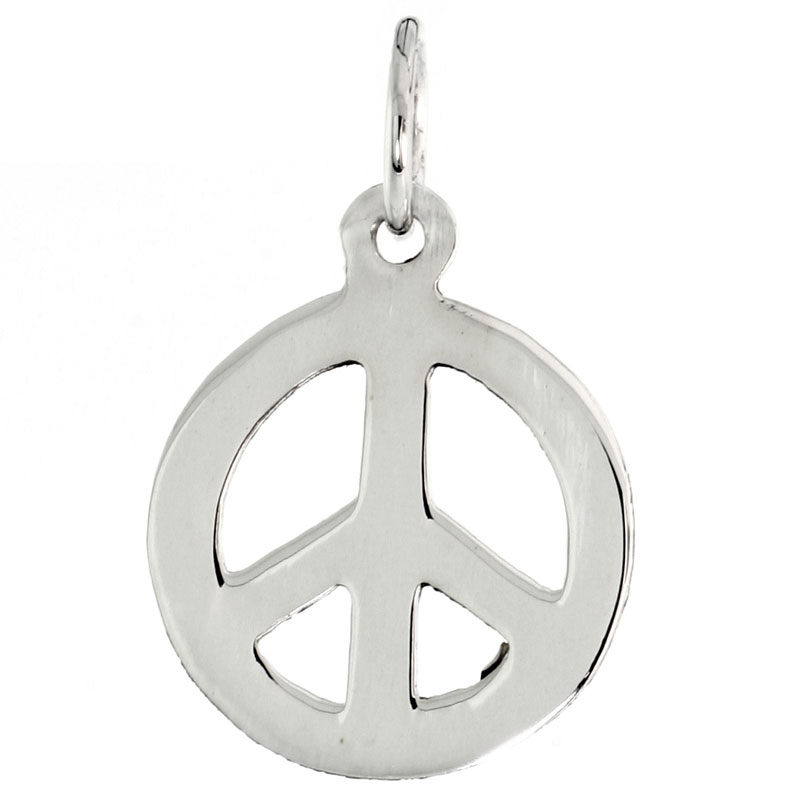 Sterling Silver Small Peace Sign Pendant, w/ 18" Thin Box Chain, 3/4" (19 mm) tall 