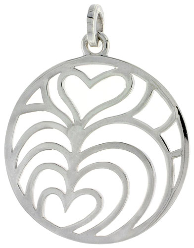 Sterling Silver Round Overlapping Hearts Pendant, 1 3/8 inch long 