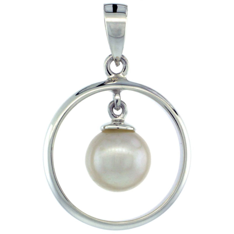 Sterling Silver Dangle Pearl in Circle Pendant 11/16 in. (17 mm), High Polished Finish