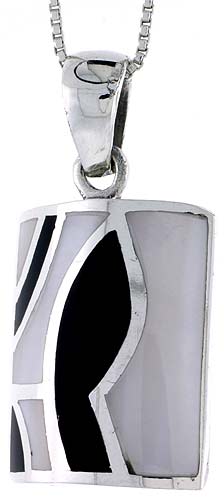 Sterling Silver Rectangular Shell Shell Pendant, w/ Black & White Mother of Pearl inlay, 1 1/4" (32 mm) tall& 18" Thin Snake Chain