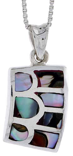 Sterling Silver Striped Rectangular Shell Pendant, w/ Colorful Mother of Pearl inlay, 7/8" (22 mm) tall& 18" Thin Snake Chain