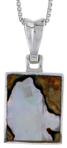 Sterling Silver Square Shell Pendant, w/ Colorful Mother of Pearl inlay, 1" (25 mm) tall& 18" Thin Snake Chain