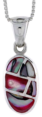 Sterling Silver Oval Shell Pendant, w/ Colorful Mother of Pearl inlay, 15/16" (24 mm) tall& 18" Thin Snake Chain