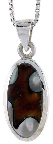 Sterling Silver Oval Shell Pendant, w/ Colorful Mother of Pearl inlay, 7/8" (22 mm) tall& 18" Thin Snake Chain