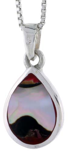 Sterling Silver Pear-shaped Shell Pendant, w/ Colorful Mother of Pearl inlay, 3/4" (20 mm) tall& 18" Thin Snake Chain