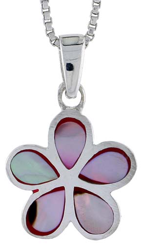 Sterling Silver Five-Petal Flower Shell Pendant, w/ Colorful Mother of Pearl inlay, 3/4" (19 mm) tall& 18" Thin Snake Chain