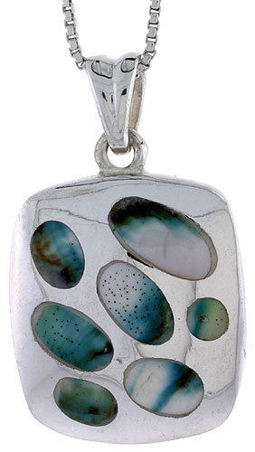 Sterling Silver Cushion-shaped Shell Pendant, w/ Blue-Green Mother of Pearl inlay, 1 1/8" (29 mm) tall& 18" Thin Snake Chain