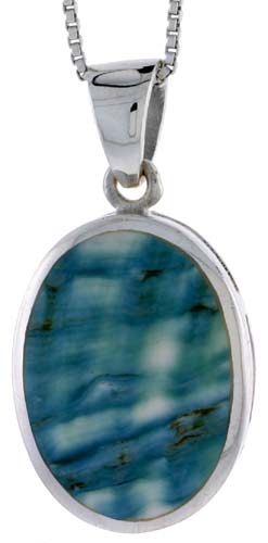 Sterling Silver Oval Shell Pendant, w/ Blue-Green Mother of Pearl inlay, 1 1/16" (27 mm) tall& 18" Thin Snake Chain