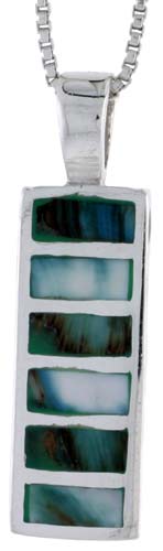 Sterling Silver Striped Rectangular Shell Pendant, w/ Blue-Green Mother of Pearl inlay, 1" (26 mm) tall& 18" Thin Snake Chain