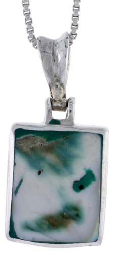 Sterling Silver Square-shaped Shell Pendant, w/ Blue-Green Mother of Pearl inlay, 13/16" (20 mm) tall& 18" Thin Snake Chain