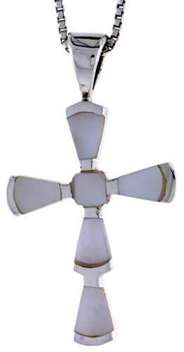 Sterling Silver Fancy Cross Shell Pendant, w/ Pink Mother of Pearl inlay, 1 3/16" (30 mm) tall& 18" Thin Snake Chain