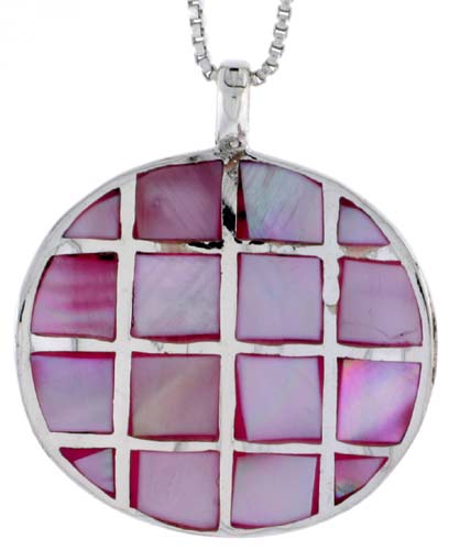 Sterling Silver Checkerboard Design Round Shell Pendant, w/ Pink Mother of Pearl inlay, 1 1/16" (27 mm)& 18" Thin Snake Chain