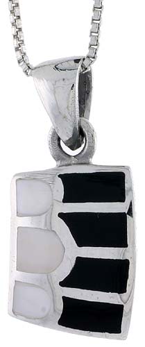 Sterling Silver Striped Rectangular Shell Pendant, w/ Black & White Mother of Pearl inlay, 7/8" (22 mm) tall& 18" Thin Snake Chain