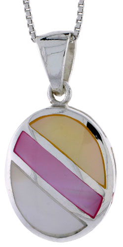 Sterling Silver Striped Oval Shell Pendant, w/ Yellow, Pink & Blue Mother of Pearl inlay, 1 1/16" (27 mm) tall& 18" Thin Snake Chain
