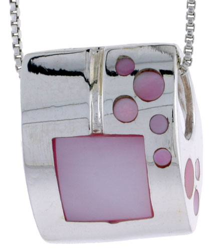 Sterling Silver Square Slider Shell Pendant, w/ Pink Mother of Pearl inlay, 7/8" (22 mm) tall& 18" Thin Snake Chain