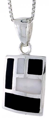 Sterling Silver Rectangular Shell Pendant, w/ Black & White Mother of Pearl inlay, 7/8" (22 mm) tall& 18" Thin Snake Chain