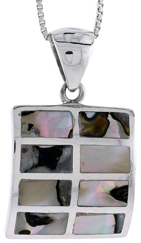 Sterling Silver Square Shell Pendant, w/ Colorful Mother of Pearl inlay, 1 1/16" (26 mm) tall& 18" Thin Snake Chain