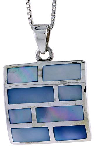 Sterling Silver Square Shell Pendant, w/ Colorful Mother of Pearl inlay, 1 1/16" (26 mm) tall& 18" Thin Snake Chain