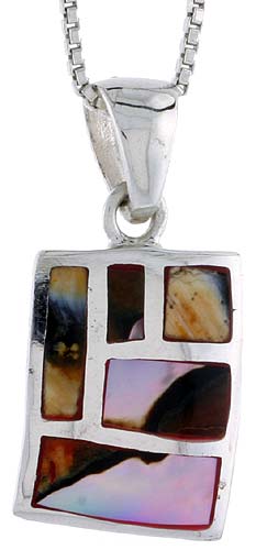 Sterling Silver Rectangular Shell Pendant, w/ Colorful Mother of Pearl inlay, 7/8" (22 mm) tall& 18" Thin Snake Chain