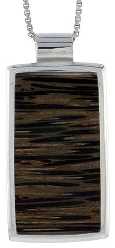 Sterling Silver Rectangular Slider Pendant, w/ Ancient Wood Inlay, 1 1/8" (29 mm) tall, w/ 18" Thin Snake Chain