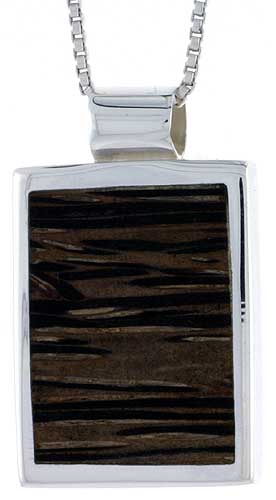 Sterling Silver Square-shaped Slider Pendant, w/ Ancient Wood Inlay, 7/8" (22 mm) tall, w/ 18" Thin Snake Chain