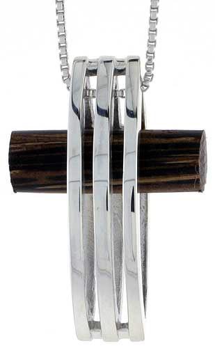 Sterling Silver Cross w/ Stripe Cut Out Slider Pendant, w/ Ancient Wood Inlay, 1 3/16" (30 mm) tall, w/ 18" Thin Snake Chain