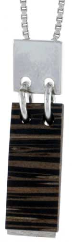 Sterling Silver Bar Slider Pendant, w/ Ancient Wood Inlay, 1 1/16" (27 mm) tall, w/ 18" Thin Snake Chain