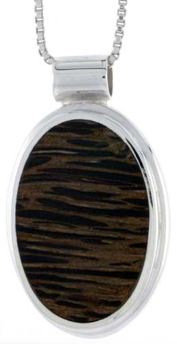 Sterling Silver Oval Slider Pendant, w/ Ancient Wood Inlay, 1" (26 mm) tall, w/ 18" Thin Snake Chain