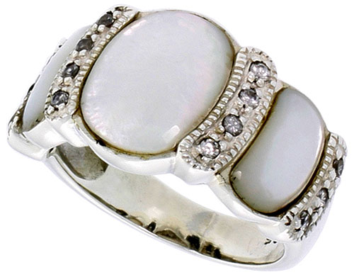 Sterling Silver Oxidized Ring, w/ 12 x 9 mm & Two 9 x 5 mm Oval-shaped Mother of Pearls, & Tiny CZ's, 1/2" (13 mm) wide