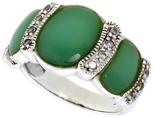 Sterling Silver Oxidized Ring, w/ 12 x 9 mm & Two 9 x 5 mm Oval-shaped Green Resin, & Tiny CZ's, 1/2" (13 mm) wide