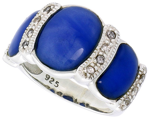 Sterling Silver Oxidized Ring, w/ 12 x 9 mm & Two 9 x 5 mm Oval-shaped Blue Resin, & Tiny CZ's, 1/2" (13 mm) wide