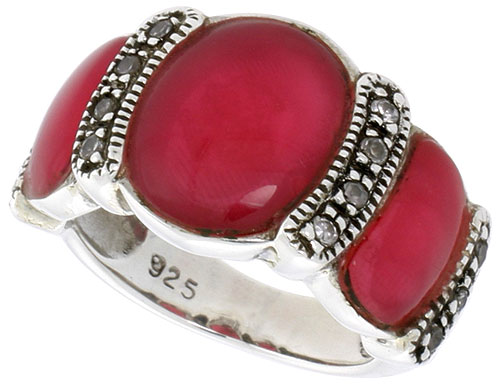 Sterling Silver Oxidized Ring, w/ 12 x 9 mm & Two 9 x 5 mm Oval-shaped Red Resin, & Tiny CZ's, 1/2" (13 mm) wide