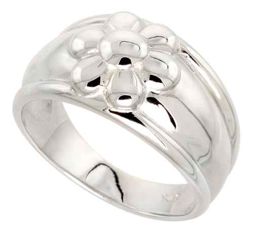 Sterling Silver 6 Petal Flower Cigar Band Ring Flawless finish 1/2 inch wide, sizes 6 - 10