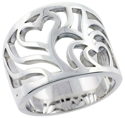 Sterling Silver Cascading Hearts Cigar Band Ring Flawless finish 5/8 inch wide, sizes 6 - 10