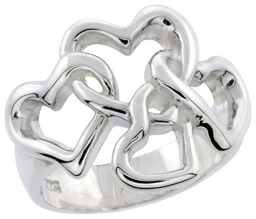Sterling Silver 4 linked Hearts Flawless finish 5/8 inch wide, sizes 6 - 10