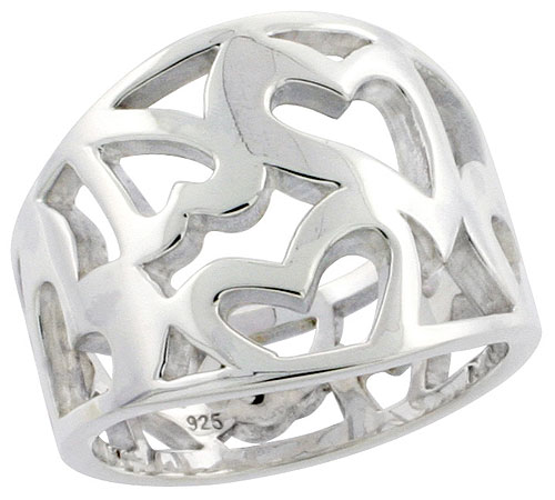 Sterling Silver Cigar Band Ring Cutout Hearts Flawless finish 5/8 inch wide, sizes 6 - 10
