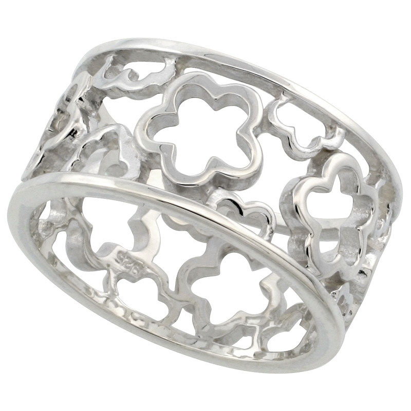 Sterling Silver Ring Flawless finish w/ Flower-shaped Cut Outs, 7/16 inch wide