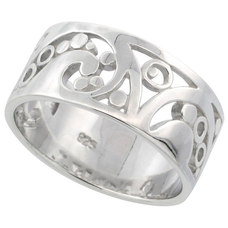 Sterling Silver Fancy Ring Flawless finish w/ Spirals & Bubbles, 3/8 inch wide