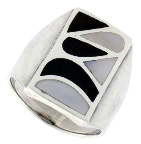 Sterling Silver High Polish Shell Ring, w/ Black & White Mother of Pearl Inlay, 7/8" (23 mm) wide
