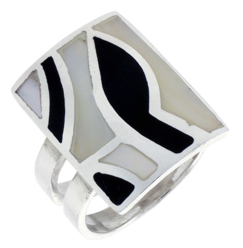 Sterling Silver Rectangular Shell Ring, w/Black & White Mother of Pearl Inlay, 15/16" (24 mm) wide