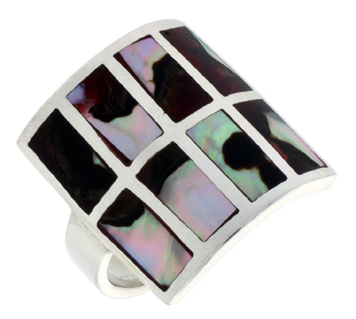 Sterling Silver Square-shaped Shell Ring, w/Colorful Mother of Pearl Inlay, 7/8" (22 mm) wide