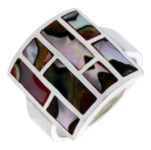 Sterling Silver Square-shaped Shell Ring, w/Brown & White Mother of Pearl Inlay, 13/16" (21 mm) wide