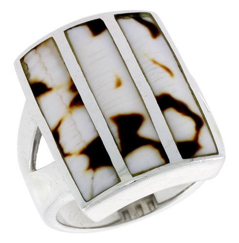 Sterling Silver Striped Rectangular Shell Ring, w/Brown & White Mother of Pearl Inlay, 7/8" (23 mm) wide