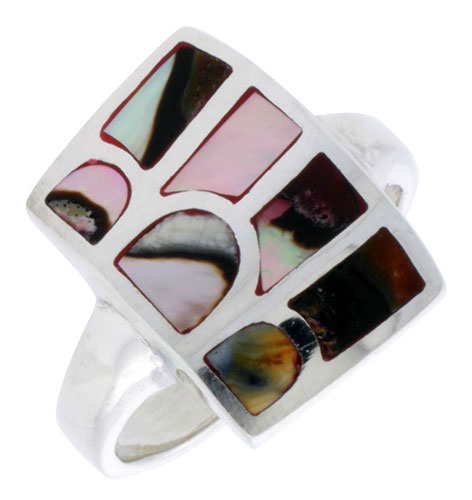 Sterling Silver Striped Rectangular Shell Ring, w/Colorful Mother of Pearl Inlay, 13/16" (21 mm) wide