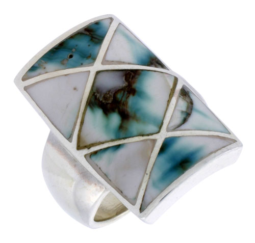 Sterling Silver Crisscross Rectangular Shell Ring, w/Black & White Mother of Pearl Inlay, 15/16" (24 mm) wide