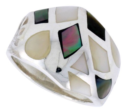 Sterling Silver Freeform Shell Ring, w/Black & White Mother of Pearl Inlay, 3/4" (19 mm) wide