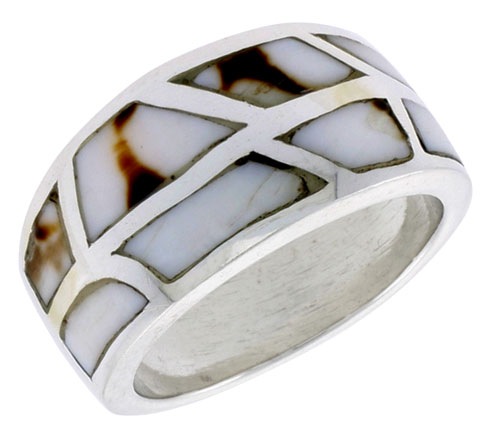 Sterling Silver Freeform Dome Shell Ring, w/Black & White Mother of Pearl Inlay, 1/2" (13 mm) wide