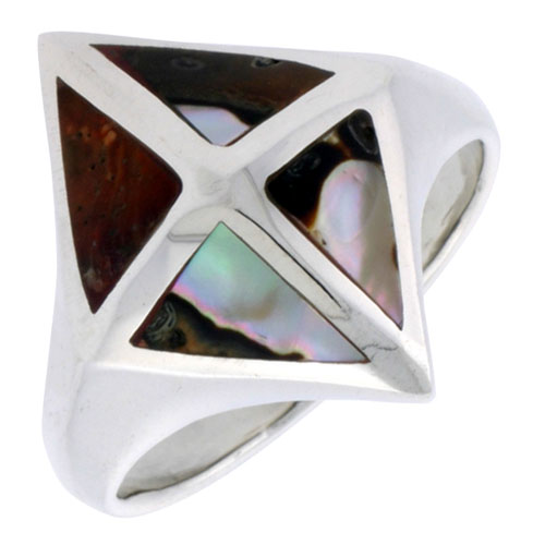 Sterling Silver Diamond-shaped Shell Ring, w/Brown & White Mother of Pearl Inlay, 7/8" (22 mm) wide